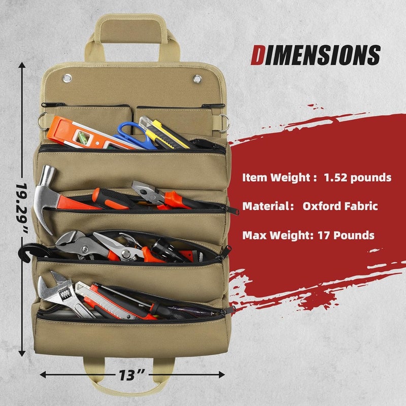 UUP Tool Bag Roll Up, Heavy Duty Rolled Empty Tool Storage Organization, Portable Foldable Rollup Organizer with 2 Small Pouches, Rollable Carrying Toolbag, Dad Men Mechanic Birthday Gifts, Khaki - Image 3